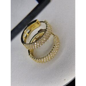 Gold Tone 925 Hoop Earrings CZ Signed 925 In Hoop Hinged